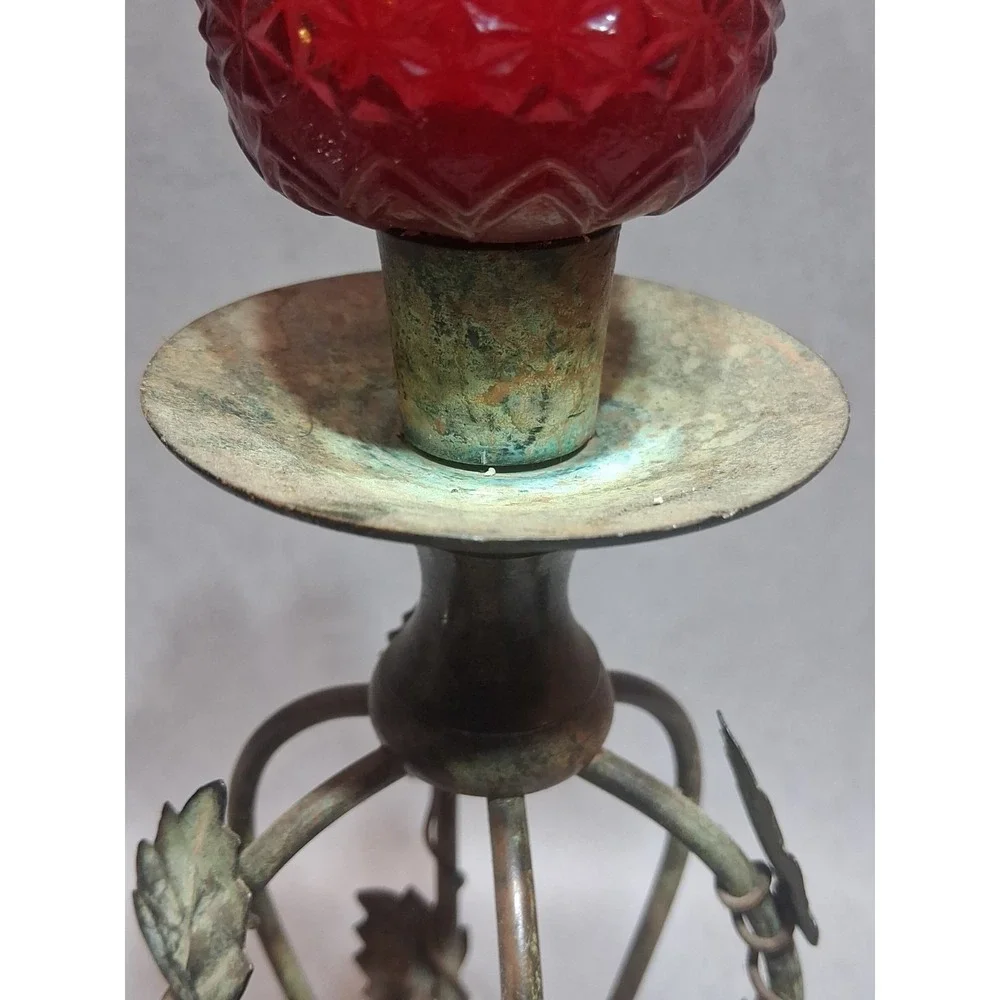 Metal Rustic Leaf Candle Stick Holders Set Of 2/Base Can Be Unscrewed Red Insert